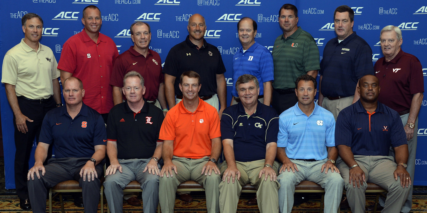 The 2014 ACC football team head coaches during the 2014 ACC Football Kickoff in Greensboro, N.C., Monday, July 21, 2014. (Photo by Sara D. Davis, theACC.com).