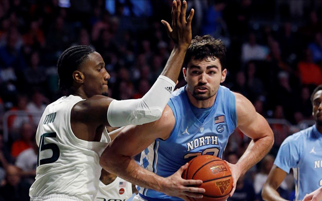 UNC's Luke Maye muscles up for two of his 13 points. (UNC Sports Information photo.)