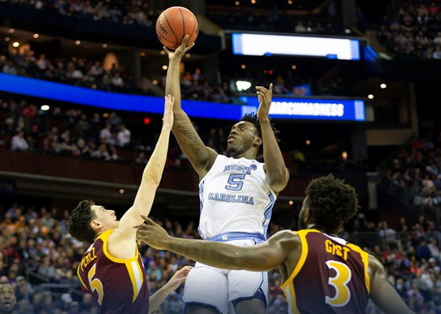 UNC's Nassir Little helped keep Carolina in the game by going hard to the hoop. (UNC Sports Information photo.)