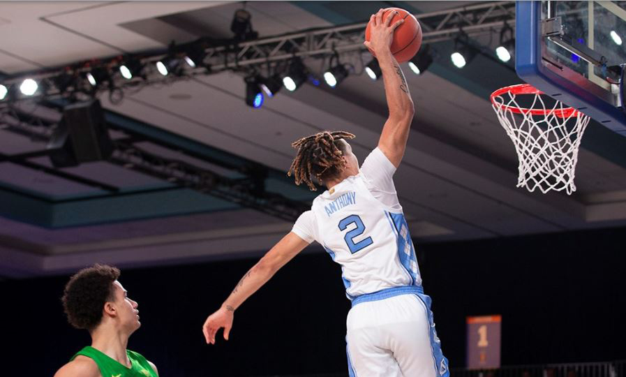 UNC's Cole Anthony dunks after a steal against Oregon. (UNC Athletic Communications)