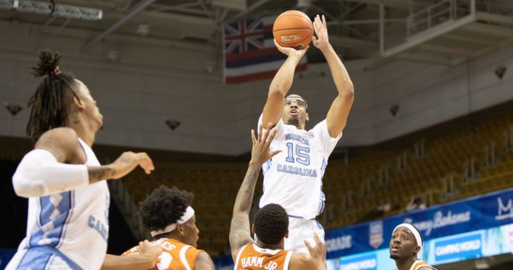 UNC's Garrison Brooks shoots and scores. (UNC Sports Information photo by Maggie Hobson.)