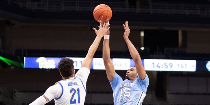 Garrison Brooks shoots at Pitt. (UNC Sports Information photo by Maggie Hobson.)