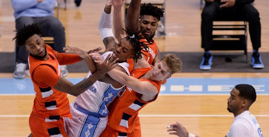 UNC's Armando Bacot battles vs. Syracuse inside. (UNC sports information photo by Maggie Hobson)