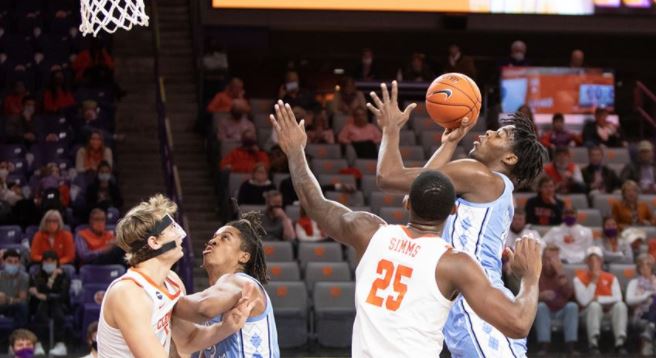 UNC's Day'Ron Sharpe shoots for two of his 16 points. (UNC sports information photo by Maggie Hobson.)