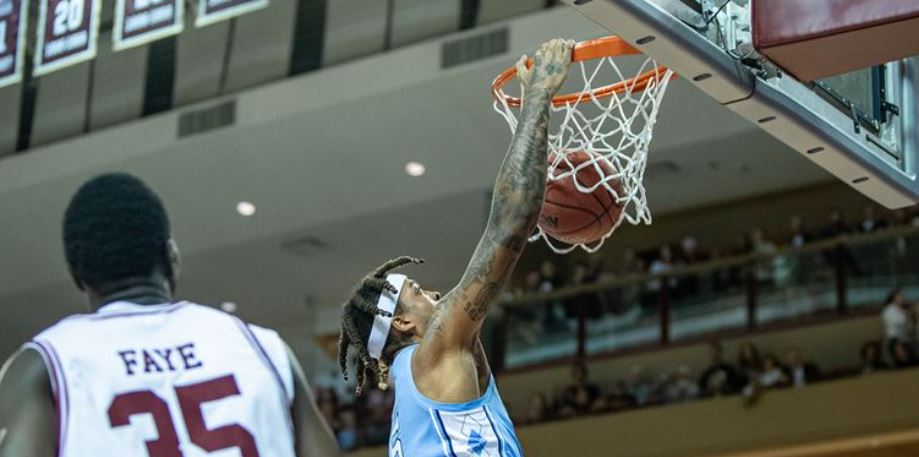 Armando Bacot dunks in two of his career-high 24 points against Charleston. (UNC Sports Information photo by Maggie Hobson.)