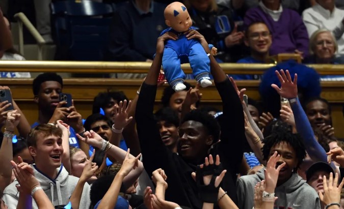 Duke basketball recruiting: Ngongba Down To Three Duke Blue Devils recruit Patrick Ngongba cheers with students during Countdown to Craziness at Cameron Indoor Stadium. Rob Kinnan-USA TODAY Sports