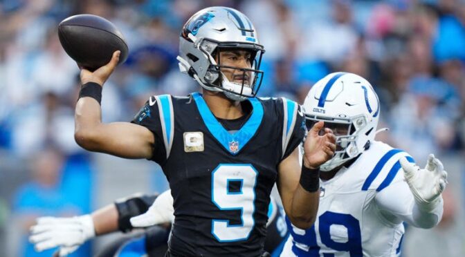 Carolina Panthers quarterback Bryce Young passes against the Indianapolis Colts during the first half of an NFL football game Sunday, Nov. 5, 2023, in Charlotte, N.C. (AP Photo/Jacob Kupferman)
