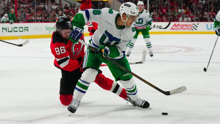 Carolina Hurricanes left wing Teuvo Teravainen (86) and New Jersey Devils center Jack Hughes (86) battle over the puck during the second period at PNC Arena. JAMES GUILLORY James Guillory-USA TODAY Sports Read more at: https://www.newsobserver.com/sports/nhl/carolina-hurricanes/article285107107.html#storylink=cpy