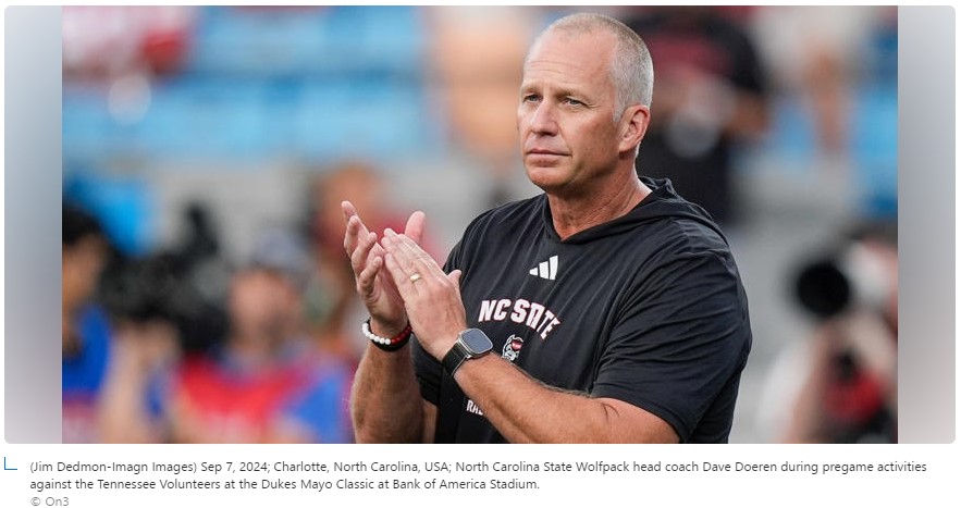 NC State-Clemson football game predictions (Jim Dedmon-Imagn Images) Sep 7, 2024; Charlotte, North Carolina, USA; North Carolina State Wolfpack head coach Dave Doeren during pregame activities against the Tennessee Volunteers at the Dukes Mayo Classic at Bank of America Stadium. © On3
