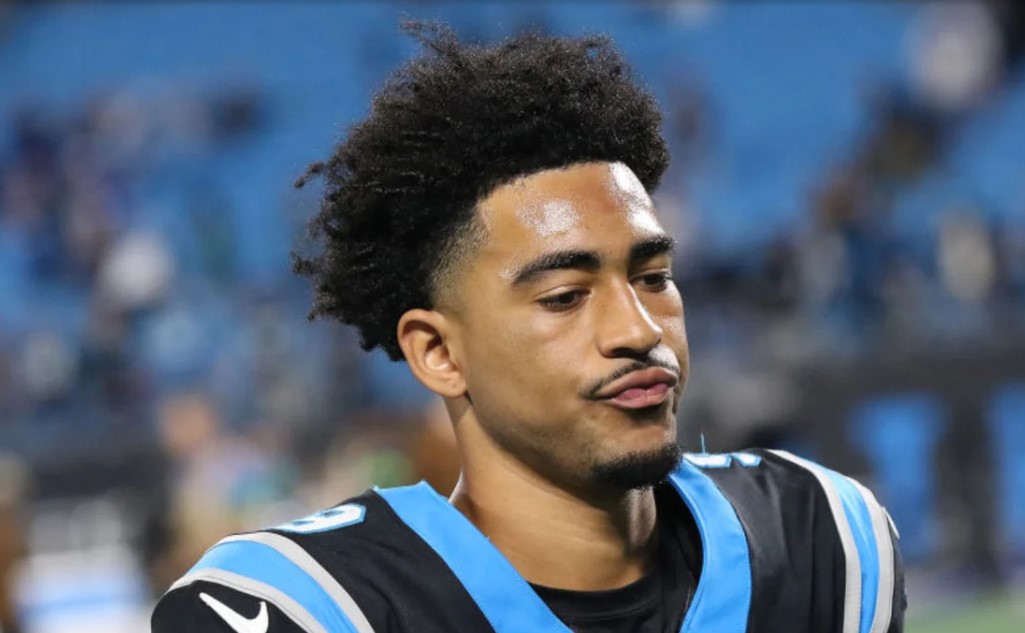 Carolina Panthers quarterback Bryce Young (9) after the game of a NFL football game between the Indianapolis Colts and the Carolina Panthers on November 5, 2023 at Bank of America Stadium in Charlotte, N.C. / (Photo by John Byrum/Icon Sportswire via Getty Images)