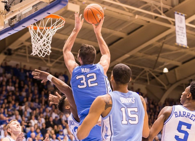 UNC's Luke Maye muscles in for two against the Blue Devils. (UNC Sports Information photo.)