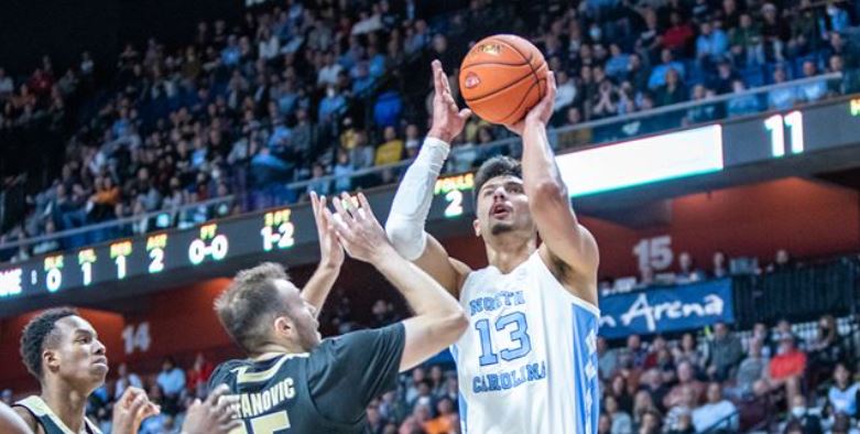 Dawson Garcia tallied a season-high 26 points against Purdue before fouling out late. (UNC Sports Information photo by Maggie Hobson.)