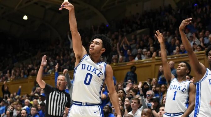 Duke Blue Devils guard Jared McCain (0) watches his three-point shot during the second half against the Bucknell Bison at Cameron Indoor Stadium. Rob Kinnan-USA TODAY Sports
