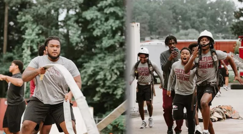NCCU Football Trades Helmets for Fire Gear in Tactical Training Session