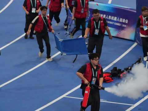 A robot sprinter shatters a 100-meter record again as sparks fly at China’s robot competition