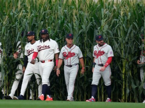 Field of Dreams becomes the Hall of Fame, as 26 members come out of the corn for Phillies-Twins game