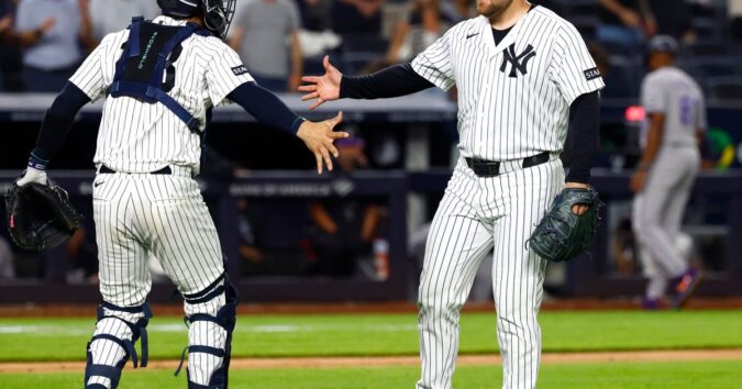 Judge hitless in return but Yankees clinch 34th straight winning season with 5-3 win over Rockies