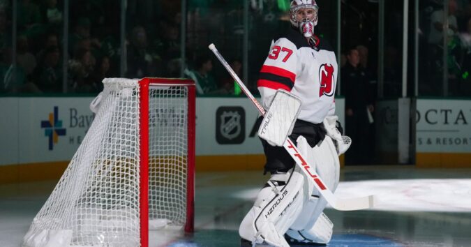 Connor Hellebuyck makes his New Jersey Devils debut as starter in net at Dallas