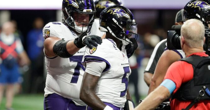 Huntley leads late TD drive to force OT and then scores on 1-yard run as Ravens beat Falcons 30-23