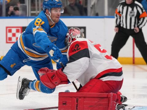 Kochetkov makes 24 saves to help the Hurricanes beat the Blues 4-0