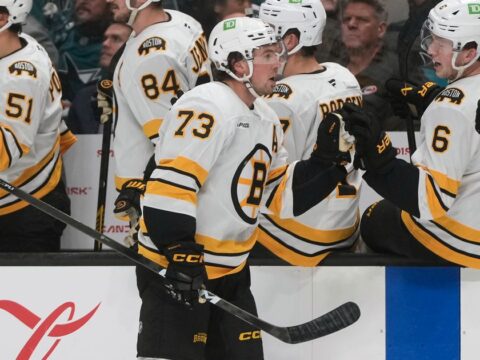 McAvoy scores in his 1st game back from a suspension to lead the Bruins past the Sharks 6-3 McAvoy scores in his 1st game back from a suspension to lead the Bruins past the Sharks 6-3