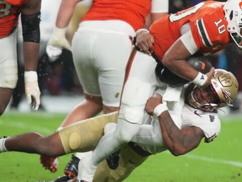No. 3 Miami hangs on to beat Florida State, 43-35 in a double-overtime thriller