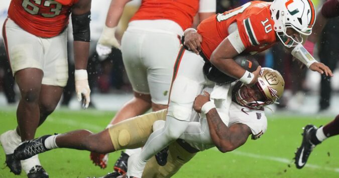 No. 3 Miami hangs on to beat Florida State, 43-35 in a double-overtime thriller